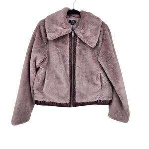 Anthropologie Maeve Jacket Coat Purple Faux Fur Leather Trim Full Zip Size Small